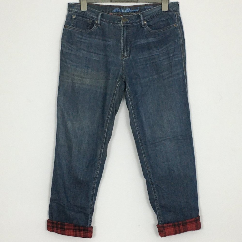 Eddie Bauer Womens 12 Boyfriend Relaxed Flannel Lined Mid Rise Denim Blue Jeans